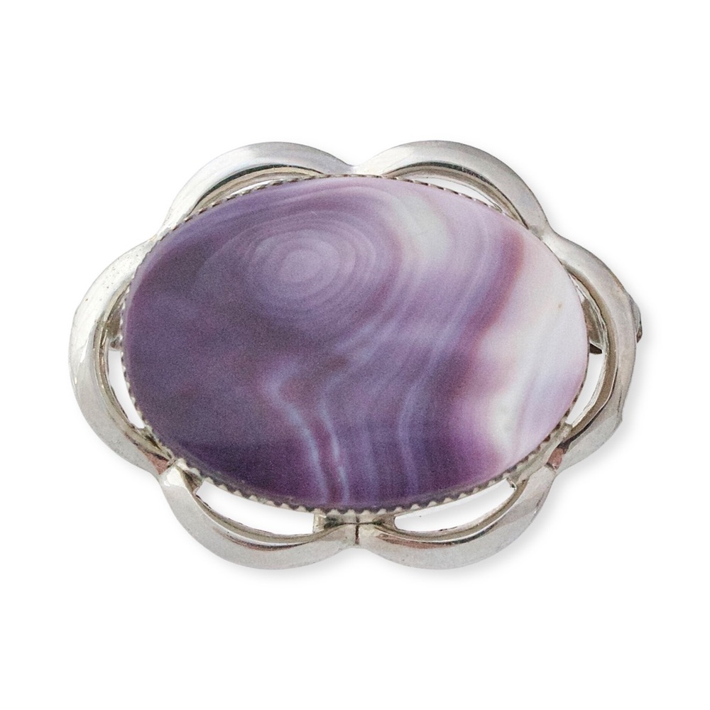 Vintage Purple Banded Agate Brooch Silver Tone Oval Pin